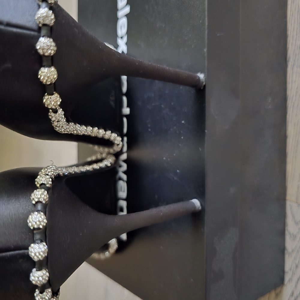 Alexander Wang Black Satin Heels with Silver Crystal Accents - Picture 5 of 6